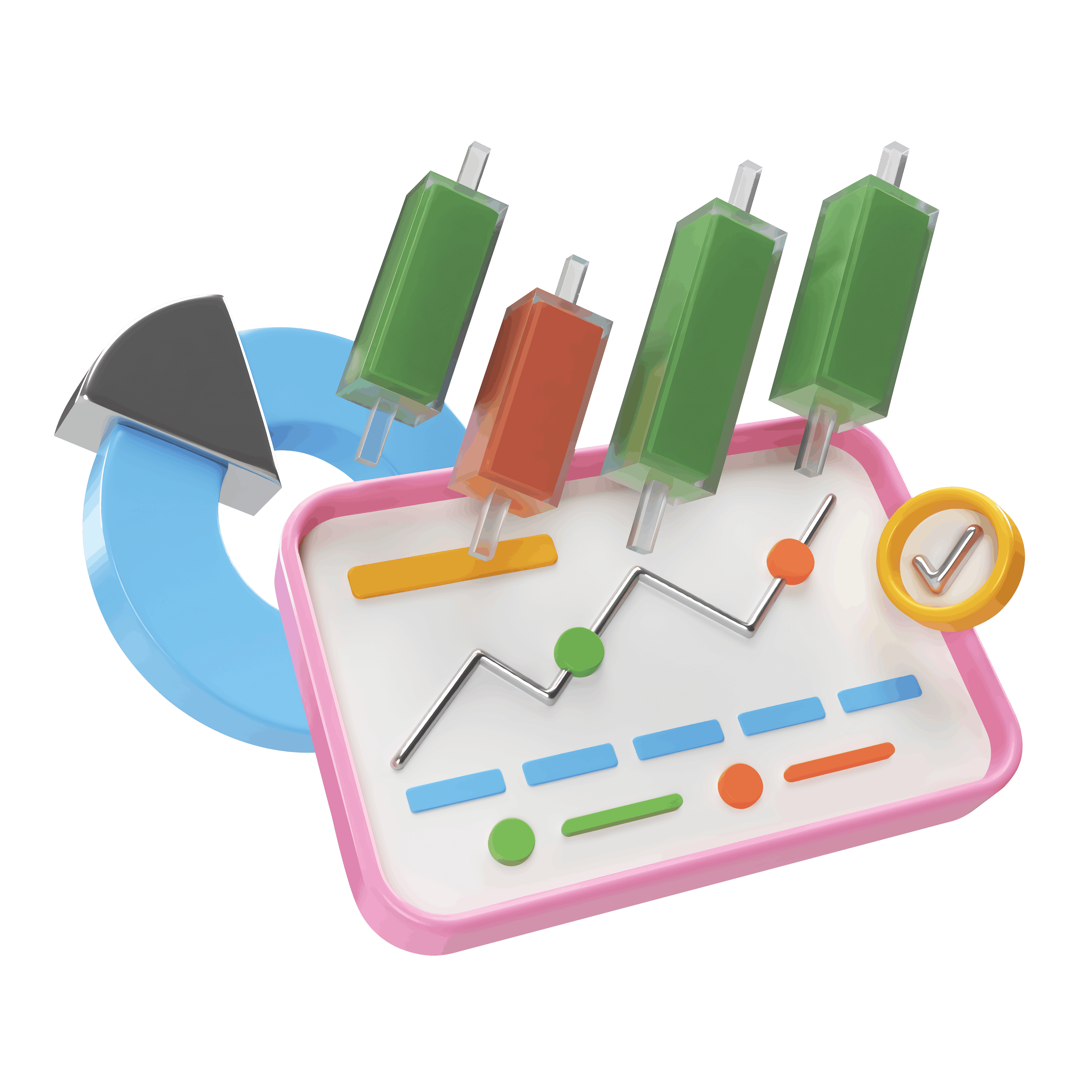 Graph elements include a circular arrow, checkmark, and colored bars representing data insights.