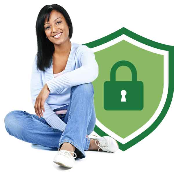 Lady sitting with shield in background