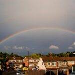 streets of houses with a rainbow in the sky above them