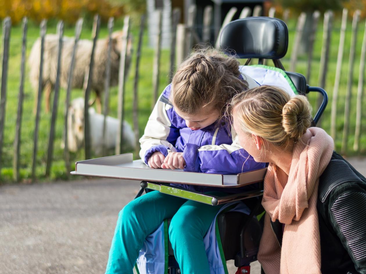 A carer with a child who uses a wheelchair