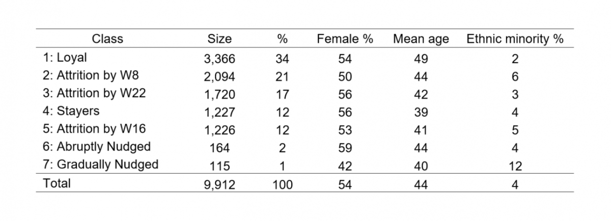 table showing %age of male, female, and ethnic minority in each group, and mean age