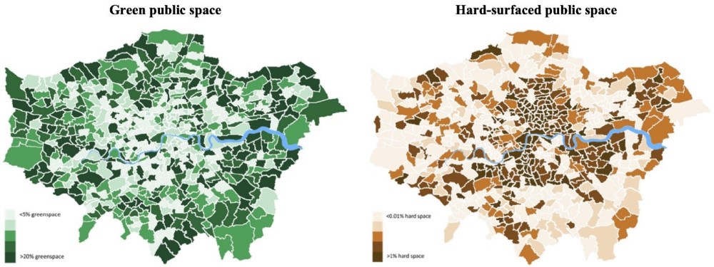 green public space v hard-surfaced public space in London